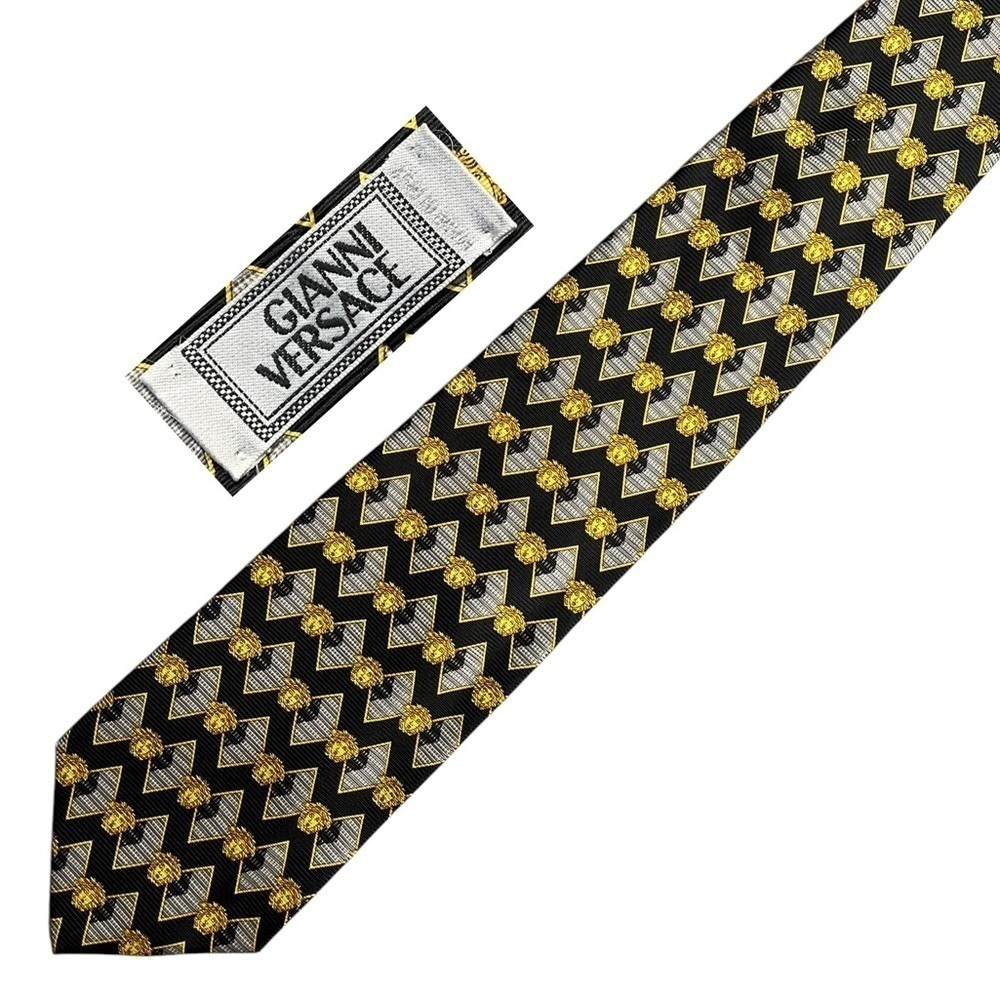 GIANNI VERSACE 90s Vintage Metallic Silk‎ Medusa Pattern Tie Made in Italy